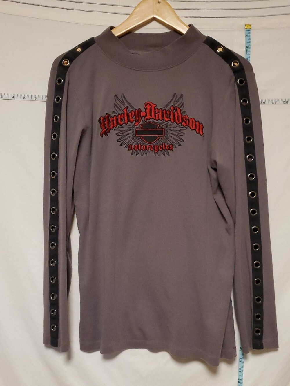 Harley-Davidson Gray Long Sleeve With Grometts Tee Orange Logo 1X Rally Autumn